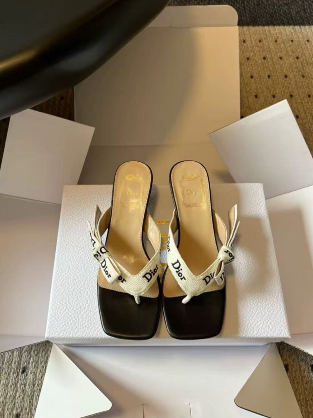DIOR Black White Logo Kitten Heel Sandals